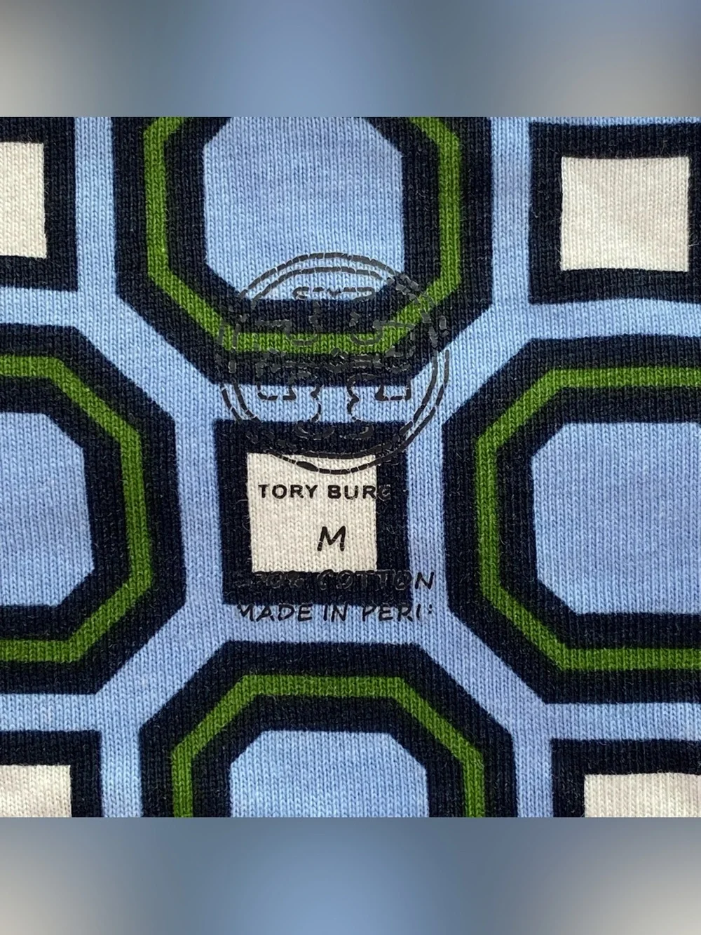 Tory Burch Louis Blue/ White/ Green Geometric Print Cotton T-Shirt Size Medium